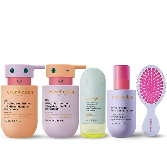 Evereden Ultimate Kids Haircare Set: Detangling Shampoo & Conditioner, 4-in-1 Detangler Spray, After Swim Shampoo, and Detangling Hair Brush | Gentle, Vegan Hair Care fo