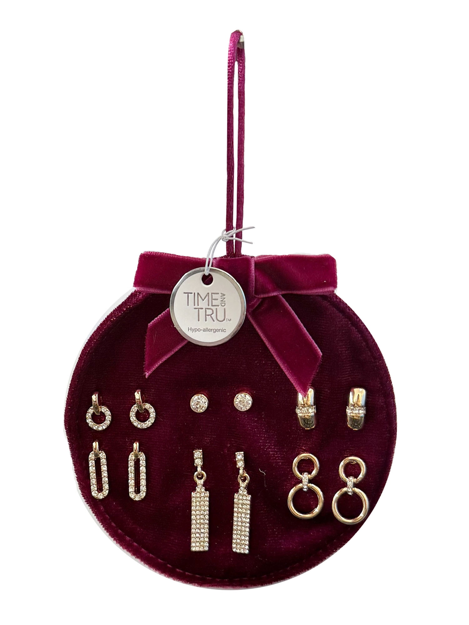 Time and Tru Women's Gold Plating Rhinestone Earrings on Ornament Shaped Card, 6 Pack