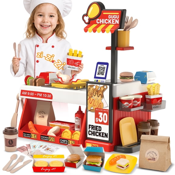 UQN Kids Pretend Play Food Set, 52 Pcs Fried Chicken Shop Toy, Color Changing Fast Food Restaurant Toy with Burger, Fries, Coffee and Play Money, Christmas Birthday Gift for Boys Girls Ages 3-8