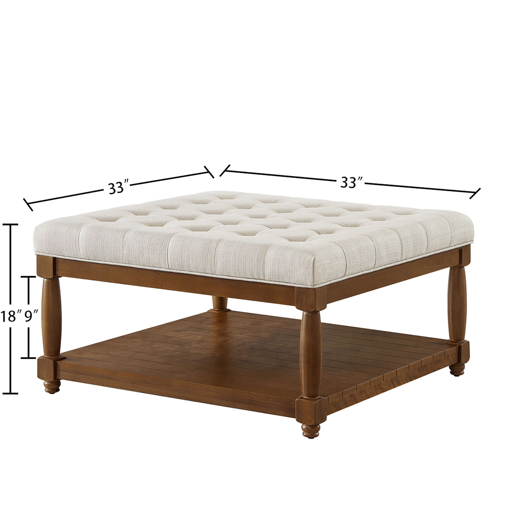 S-HOME Large Square Upholstered Tufted Linen Ottoman, Spacious Coffee Table with Solid Wood Shelf