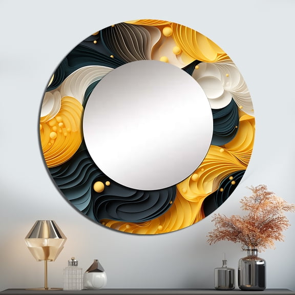 Designart "Fusion of Midcentury Wavesn Yellow and Black III" Abstract Round Mirror Wall Decor Modern - Large Yellow Round Bathroom Mirror - Round Mirror - 23" x 23"
