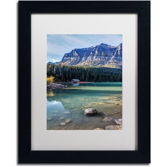 Trademark Fine Art 'Cabin at Lake Louise' Canvas Art by Pierre Leclerc, White Matte, Black Frame