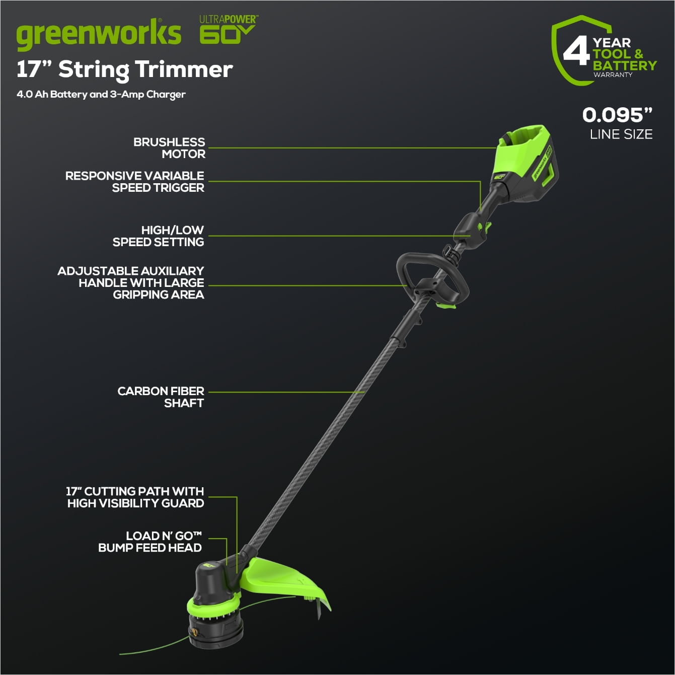 Greenworks 60 Volt Straight Shaft String Trimmer, Lightweight