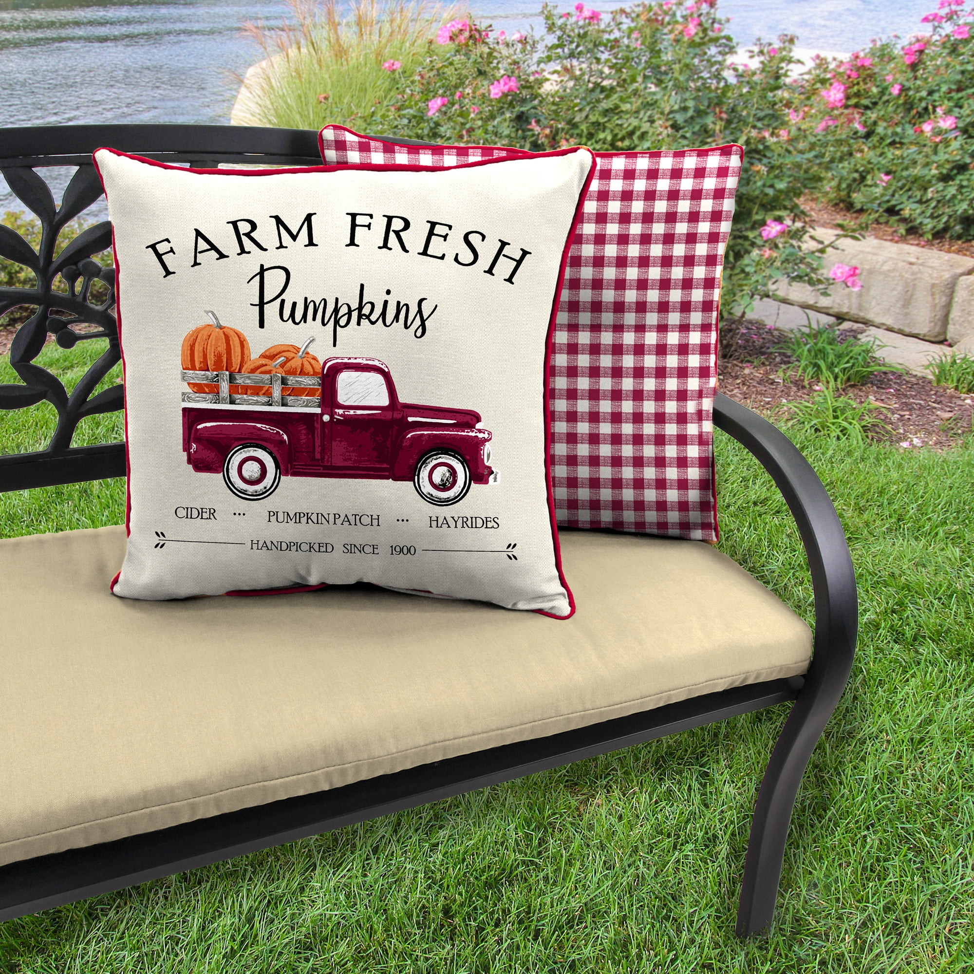 Jordan Manufacturing 16" x 16" Fresh Pumpkins Cream Truck and Merlot Buffalo Check Reversible Square Outdoor Throw Pillow with Welt