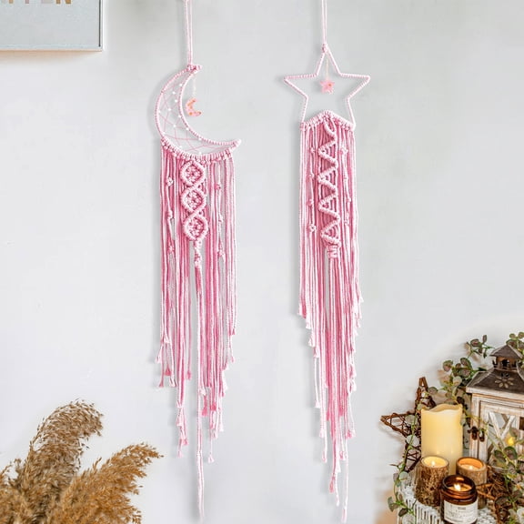 2 Pcs Pink Cotton Macrame Dream Catcher, Moon Star Boho Dreamcatcher Wall Hanging with Pendant, Woven Tapestry Home Decor for Bedroom Nursery Living Room
