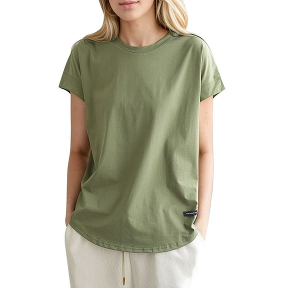 MIXUE Womens Summer Tops Summer Solid Color Round Neck Short Sleeve Casual Vintage Lace Loose Fit Stylish Pullover T-shirts Holiday Wear,Green,XXXL