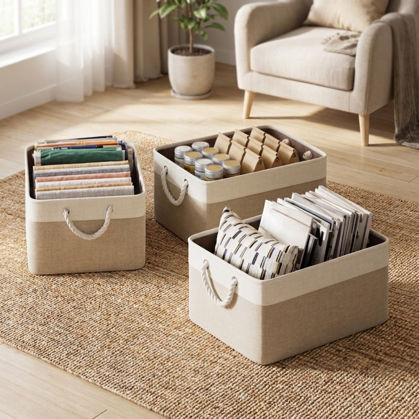 Fenbeli Fabric Storage Baskets Set of 4 Foldable Storage Bins with Cotton Rope Handles for Shelf and Closet, Gray White