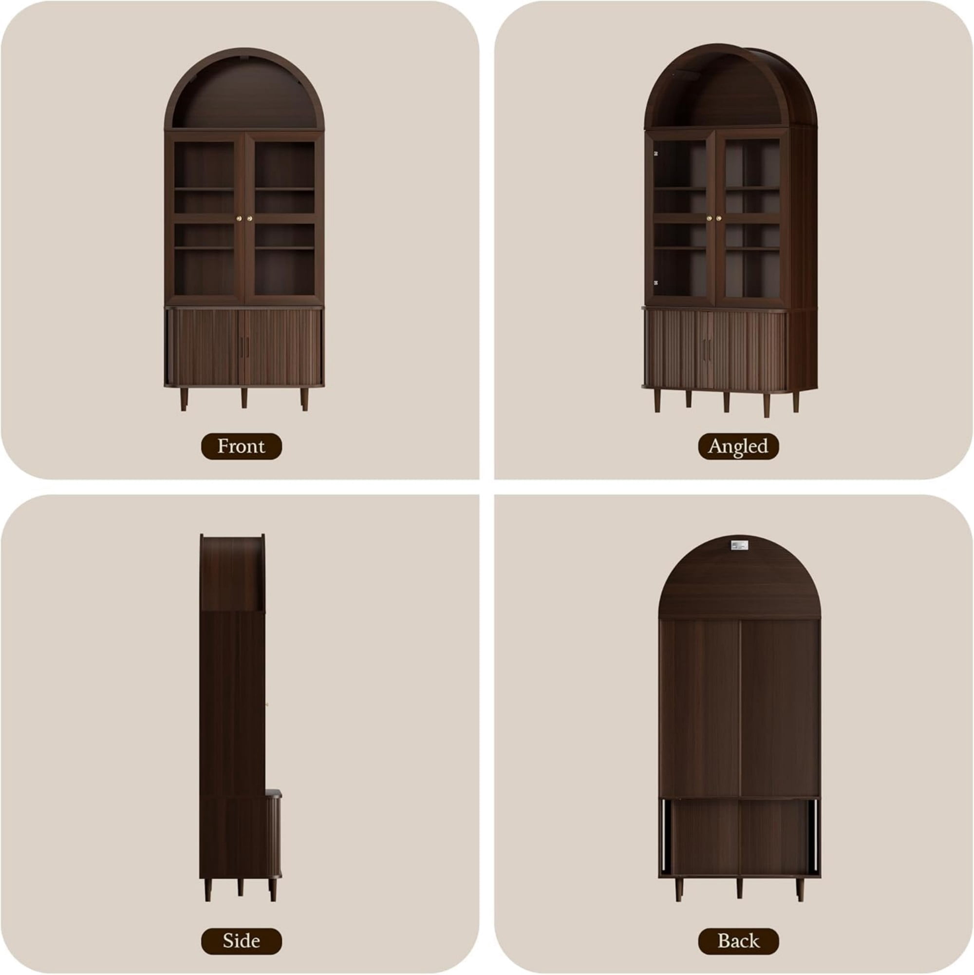 71 Inch Arched Cabinet with Glass Sliding Doors, Fluted Tall Pantry Cabinet with Adjustable Shelves, Coffee