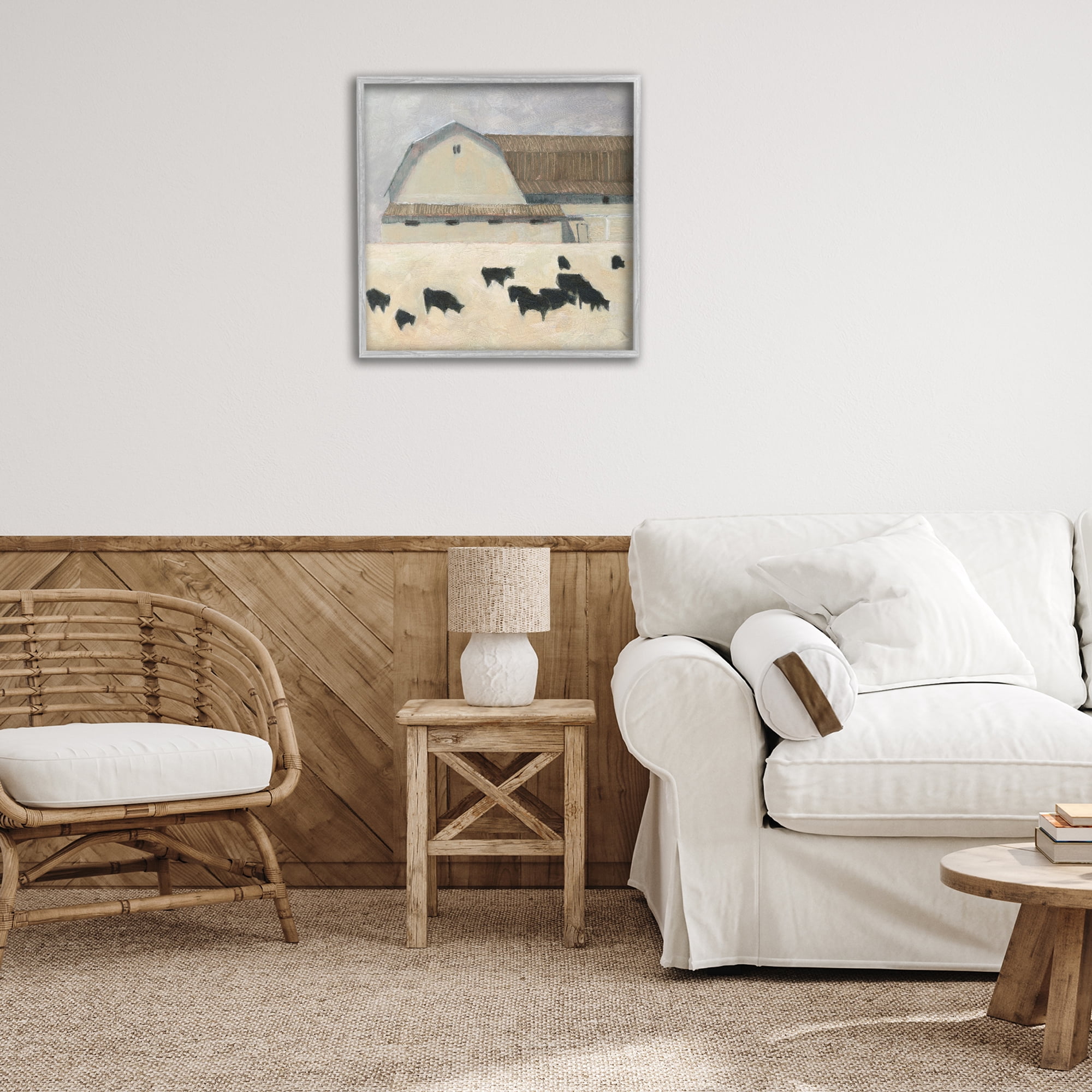 Stupell Industries Grazing Black Farm Cattle Animals & Insects Painting Gray Framed Art Print Wall Art, 24 x 24