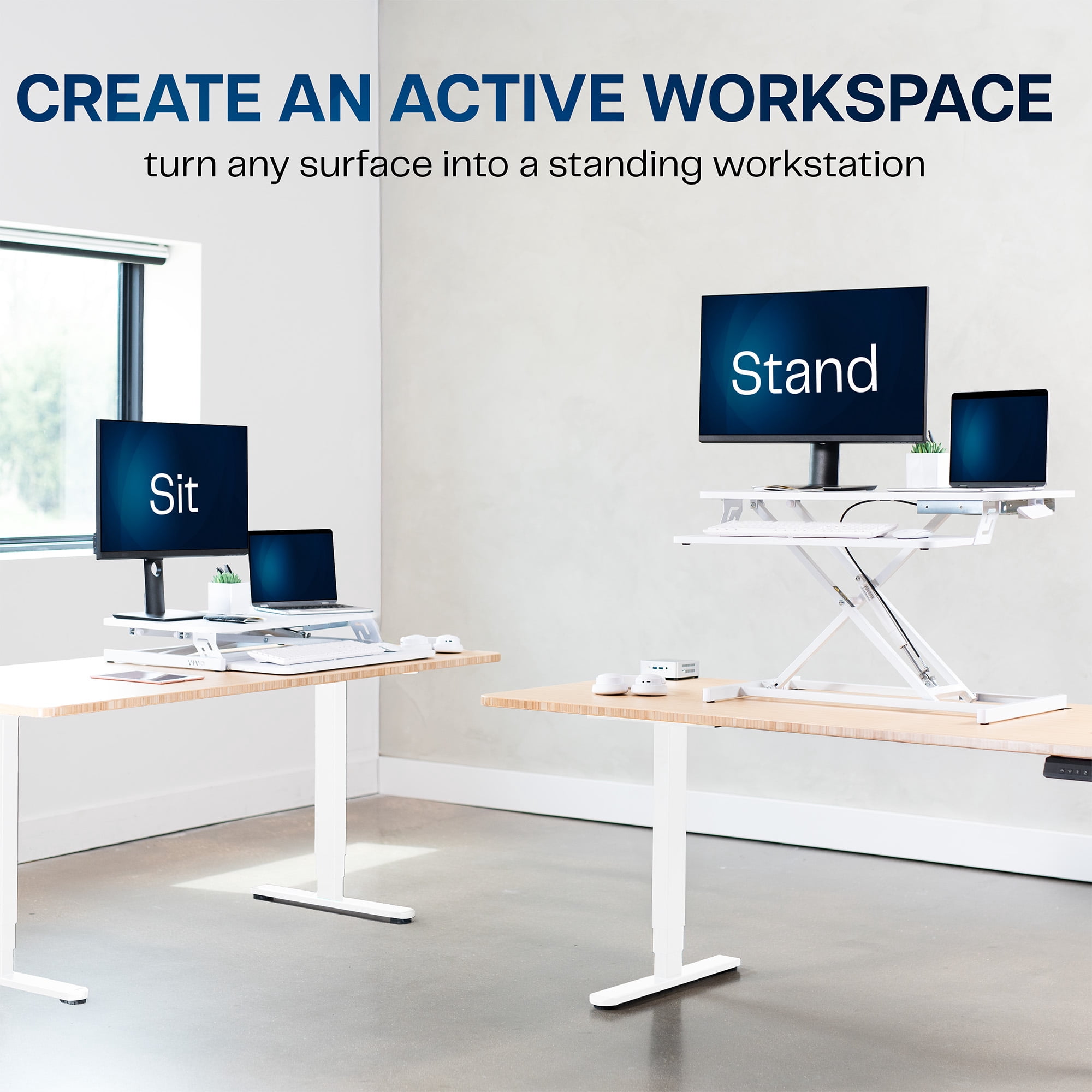 VIVO White Height Adjustable 32" Standing Desk Monitor Riser, Sit Stand Tabletop