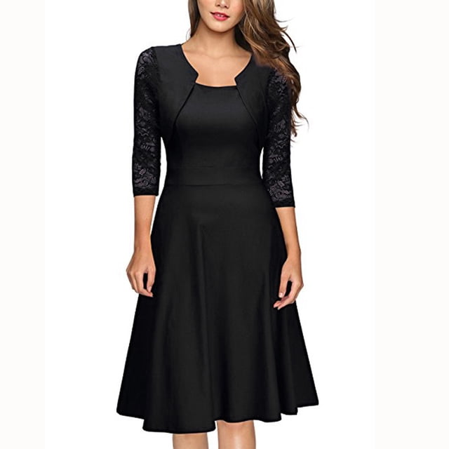 Robes pour Femmes 2024 Été Surdimensionnée Tempérament Manches Trois Quarts Faux Deux Pièces Encolure Patchwork Grande Jupe Robe en Dentelle Rabais de 50 % Liquidation!