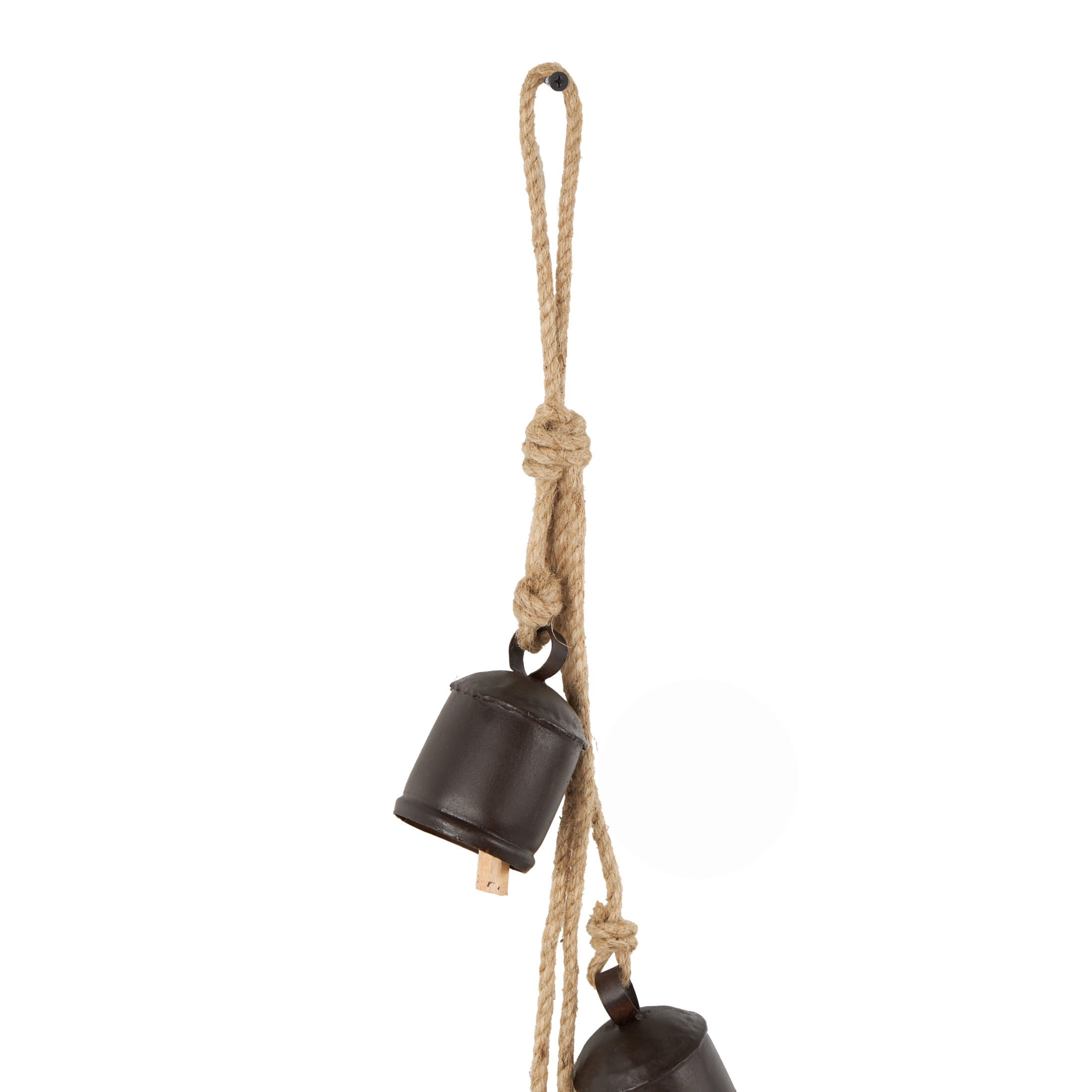 DecMode Tibetan Inspired Cascading Dark Brown Metal Cylindrical Decorative Bells with 4 Bells on Jute Hanging Rope