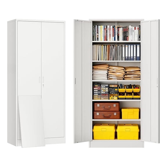 Metal Storage Cabinet with 5 Adjustable Shelves and 2 Lockable Doors, 71" White Garage Metal Cabinet, Locking Cabinet for Office, School, Garage