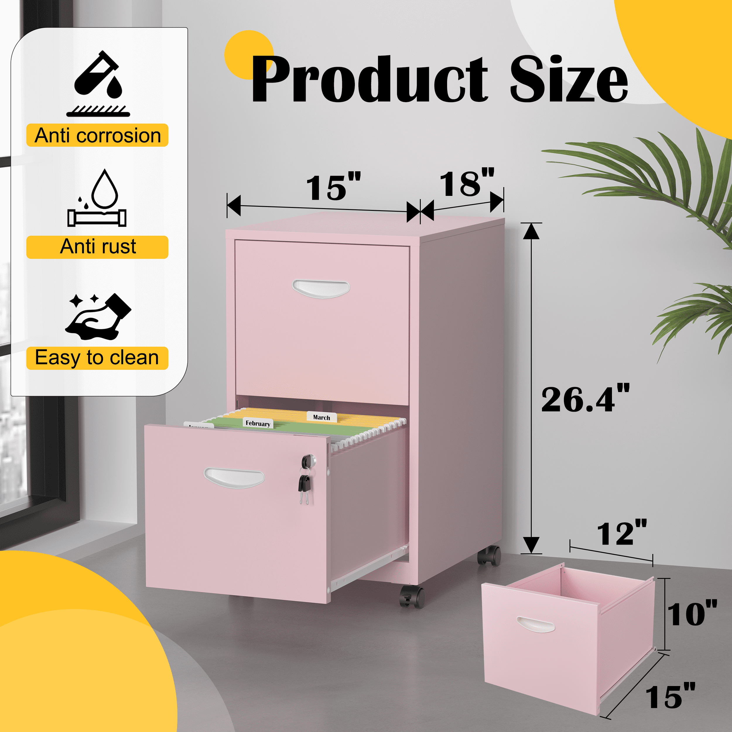 SteeLoong File Cabinet on Whells,Freestanding Storage Organizer,Pink Metal 2-Drawer,Letter Size,Easy Assemble