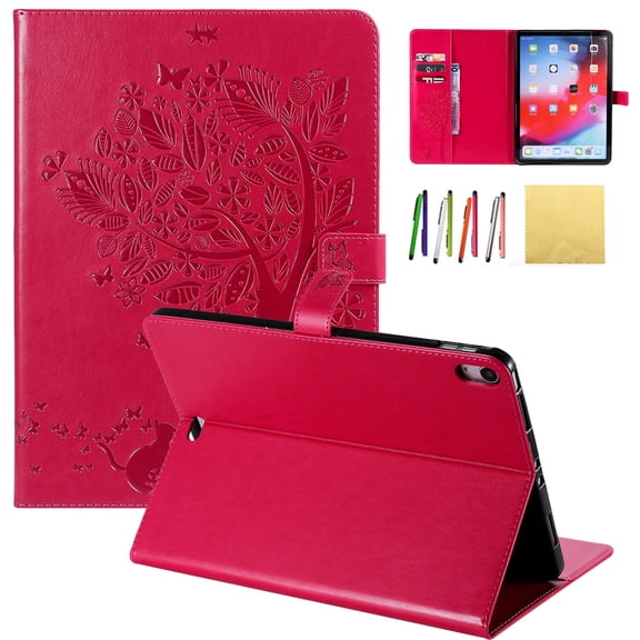 iPad Pro 11 2018 Case, Allytech Embossed Cat & Tree PU Leather Stand Folio Wallet Case Cover with Credit Card Slots for New Apple iPad Pro 11 2018, Red