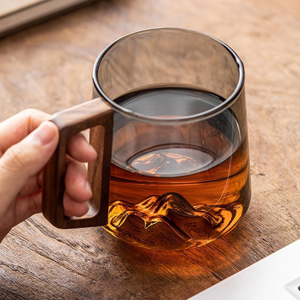 Smokey Gray Glass Slanted Coffee Cups with Wooden Handle, Mountain Base Artistic Mug, Borosilicate Heat Resistant Drinkware for Latte Espresso Tea, Elegant Conical Design (Transparent, 2)