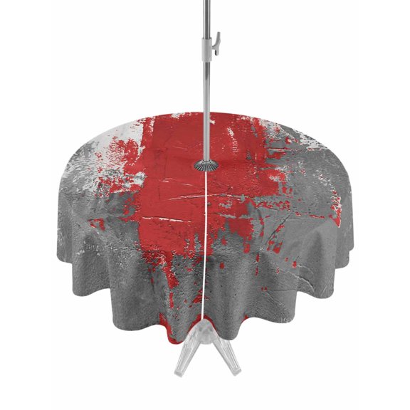 Outdoor Tablecloth with Umbrella Hole for Patio/Picnic/Party/Camping, Red Cement Gray Waterproof Table Cloth Round Cover Washable, Modern Abstract Art Red (Dia 60")