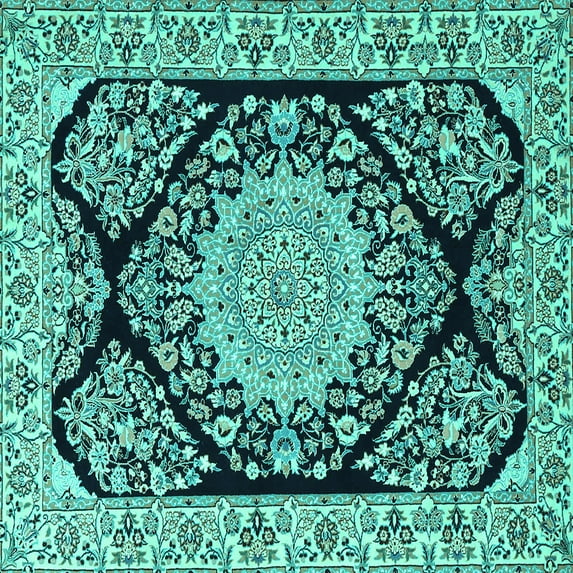 Ahgly Company Machine Washable Indoor Square Medallion Turquoise Blue Traditional Area Rugs, 8' Square