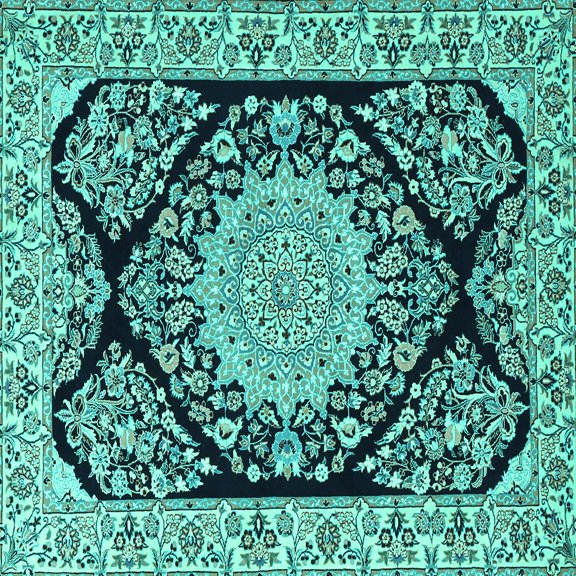 Ahgly Company Machine Washable Indoor Square Medallion Turquoise Blue Traditional Area Rugs, 6' Square