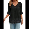 thumbnail image 3 of Camiseta de Verano con Cuello en V, 3/4, Estilo Retro, y con Bordado de Patchwork de Encaje Vintage para Mujer. Negro S, 3 of 10