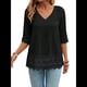 thumbnail image 3 of Camiseta de Verano con Cuello en V, 3/4, Estilo Retro, y con Bordado de Patchwork de Encaje Vintage para Mujer. Negro S, 3 of 10