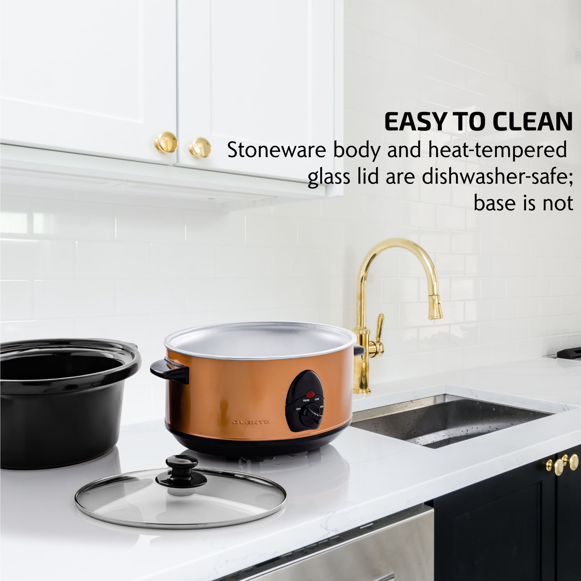 Ovente Electric Slow Cooker 3.7 Quart with 3 Temperature Settings, Dishwasher Safe Removable Ceramic Pot & Tempered Glass Lid, Portable Multicooker Soup Maker and Mulled Wine Warmer, Copper SLO35ACO