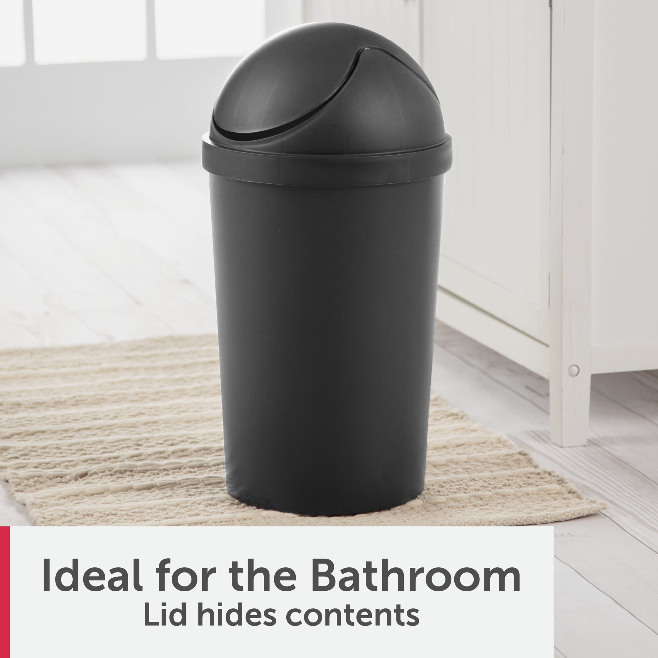 Sterilite Bathroom Trash Can, 3 Gallon Small Plastic Garbage Bucket Bin with Swing Top Lid, Black