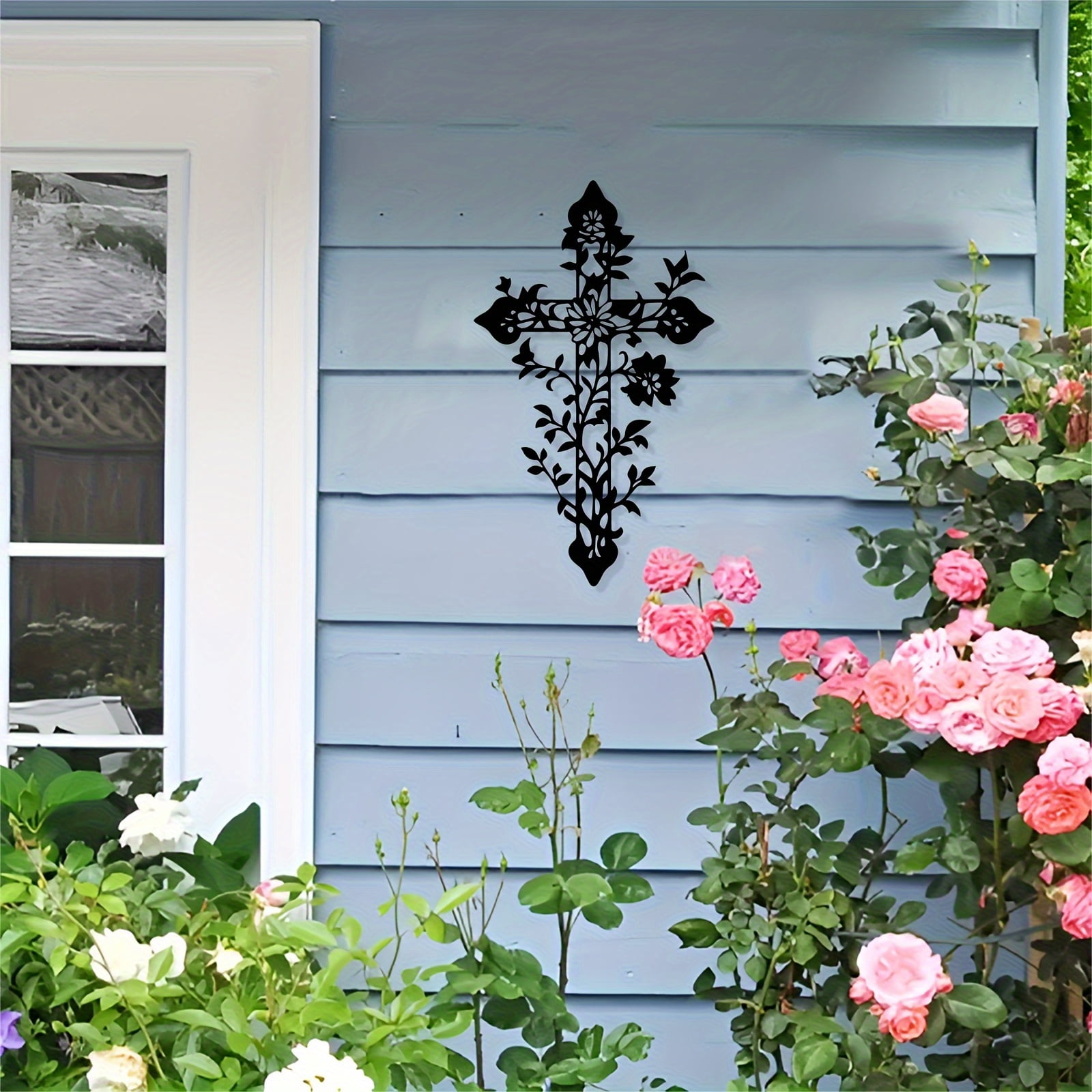 HELLOYOUNG Floral Cross Metal Wall Art Religious Decor for Home Bedroom Living Room Church Rustic Iron Hanging Sign Farmhouse Christian Gift