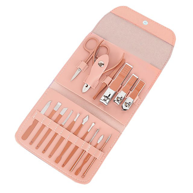 Juego de manicura de acero al carbono de 16 piezas, cortaúñas profesionales, tijeras para cejas, alicates para cutículas, kit de pedicura, rosa claro