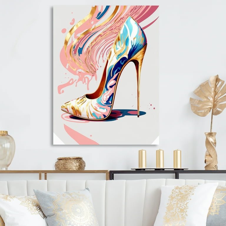 Free Shipping! Designart Pink Blue Art Deco High Heel Shoes Canvas