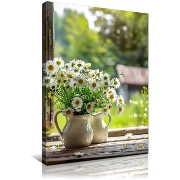 Framed Flowers Canvas Wall Art Daisies in Pastoral Ceramic Basin on Rustic Wooden Windowsill Spring Farmhouse Painting for Living Room Bedroom Home Decor Ready to Hang 12x16in