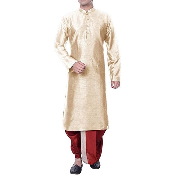Royal Kurta Men's Cotton Silk Dhoti Kurta Set (40, Beige-Maroon)