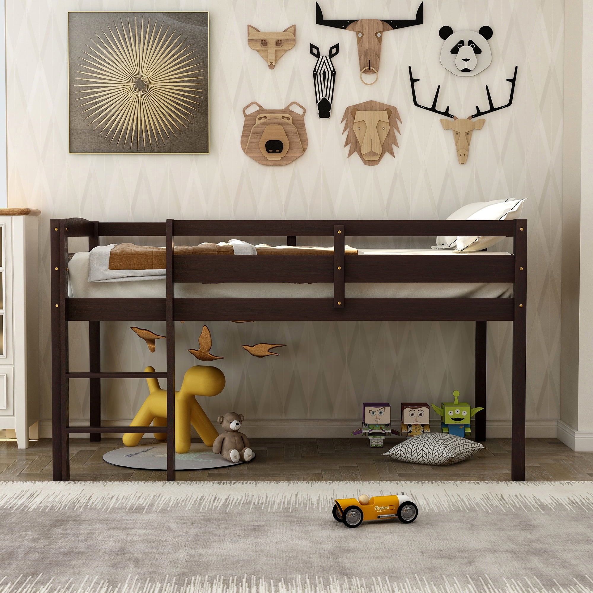 Euroco Wood Loft Bed with Ladder, Twin Size for Kids Teens, Espresso