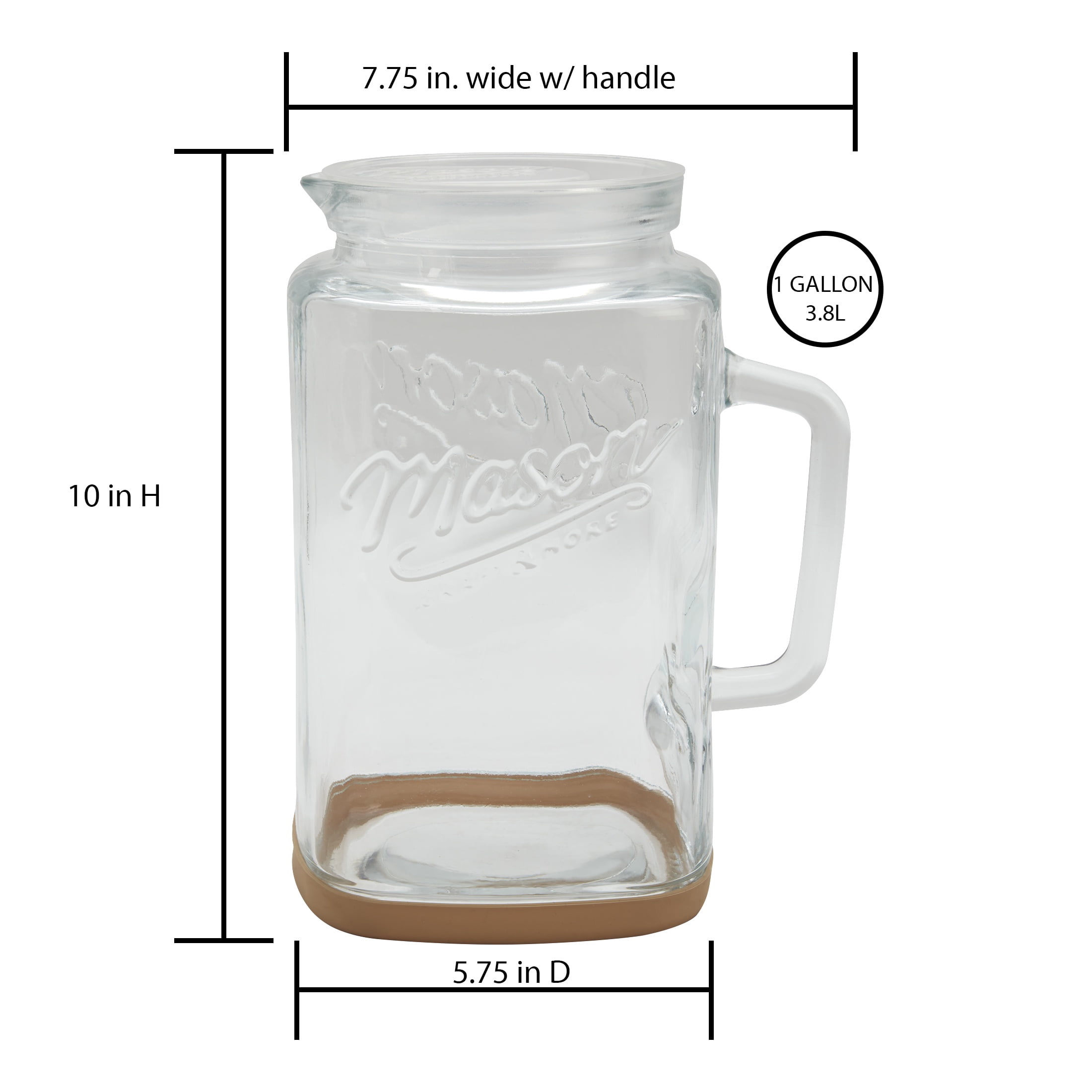 Mason Craft & More Glass 1 Gallon Pitcher with Removable Plastic Lid and Silicone Base, Tan, Useful for Serving Chilled Drinks