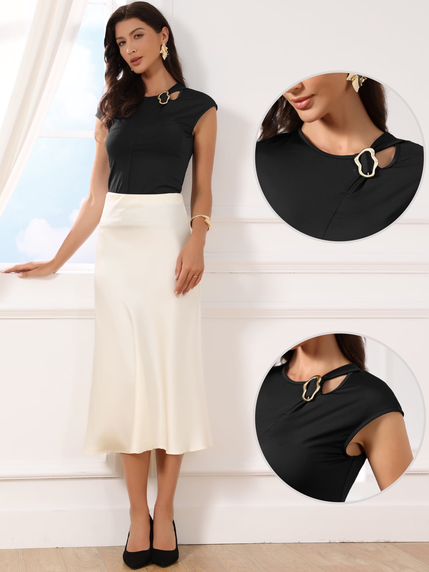 DARING DIVA Women's Cap Sleeve Tops Crew Neck Business Office Top Work Shirts XL Black