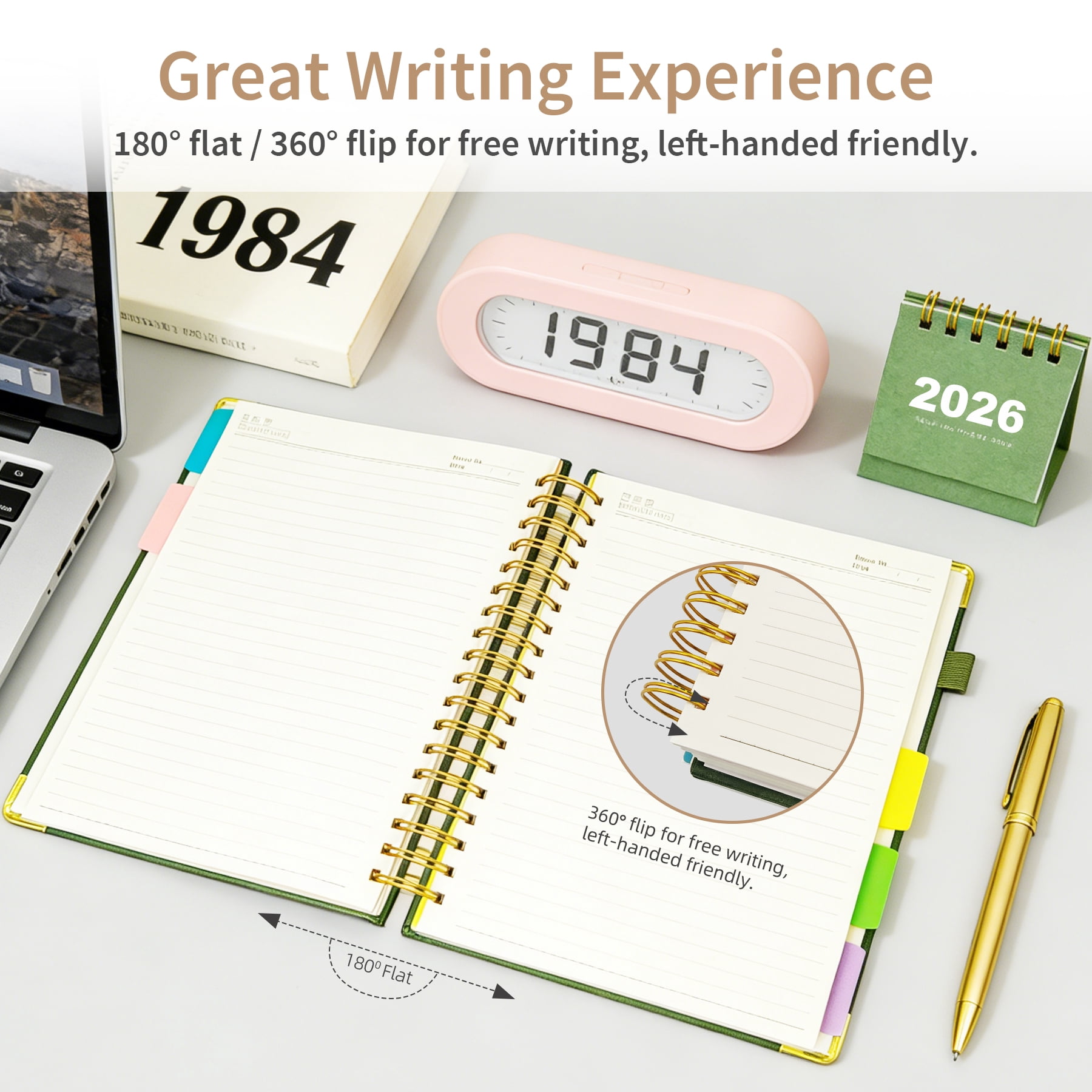 1Pack Hardcover Spiral Notebook with Tab, Ruler &  Removable Dividers, 300 Pages 8"x10" Large B5 Faux Leather Notebooks, 5 Subject Notebook College Ruled for Work, Home (Green)