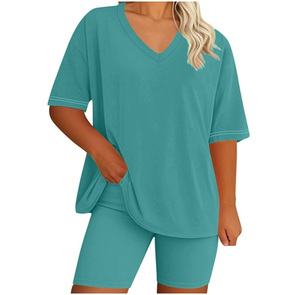 dazeni Women's Plus Size Pajamas Sets 2 Piece Lounge Set Summer Outfits Oversized Crewneck Tshirts Biker and Shorts Matching Clothing