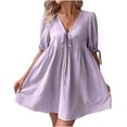 thumbnail image 2 of Gamivast Summer Dresses for Women Short Puff Sleeve V-Neck Tie Front Babydoll Dress High Waist Ruffle A Line Dress Casual Beach Vacation Daily Holiday, 2 of 7