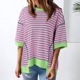 thumbnail image 2 of Delayuji Women's Casual Round Neck Short Sleeved Striped Color Blocked Hem Off Shoulder Fashionable Pullover T Shirt Green L Blended Fabric Short Sleeve Shirts for Women, 2 of 4
