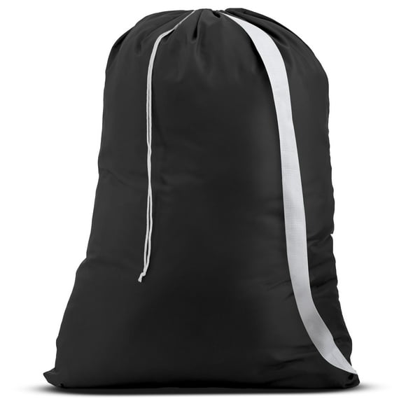 Práctica bolsa con correa para el hombro para lavandería: cierre de cordón, material de nailon duradero, gran capacidad, costuras resistentes, perfecta para lavandería o dormitorio universitario (negr