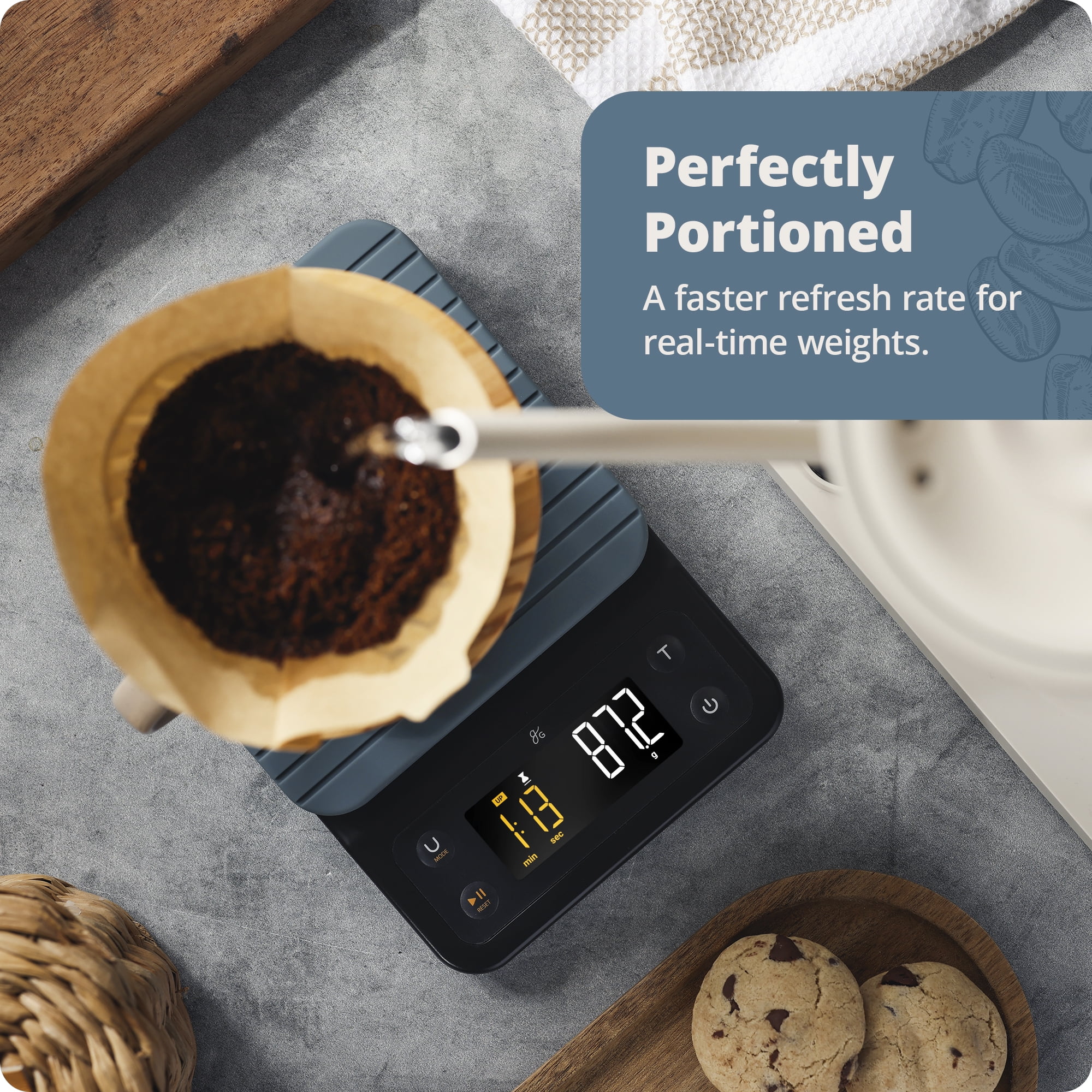 Greater Goods Coffee Scale with Timer, 0.1g Precision, 3kg Capacity, 6-Unit Digital Espresso & Pour-Over Scale, Silicone Waterproof Cover, Auto Shut-Off (Stone Blue)