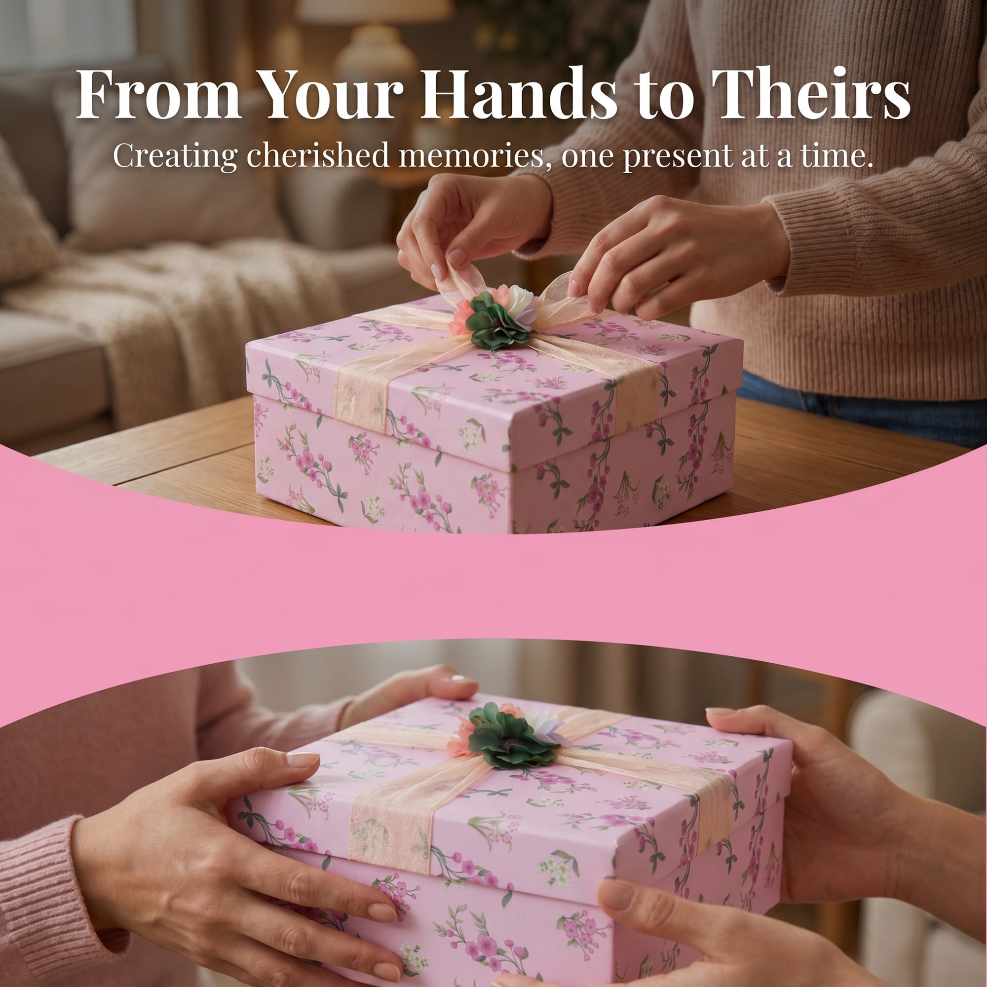 Unique Bargains Elegant Rigid Present Gift Box with Printed Ribbon Pink 7.5"x7.5"x3.1"