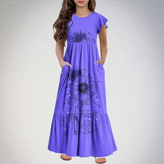 Juslio Dresses for Girls Round Neck Kids Flower Clothing Short Sleeve Print Girl Dress