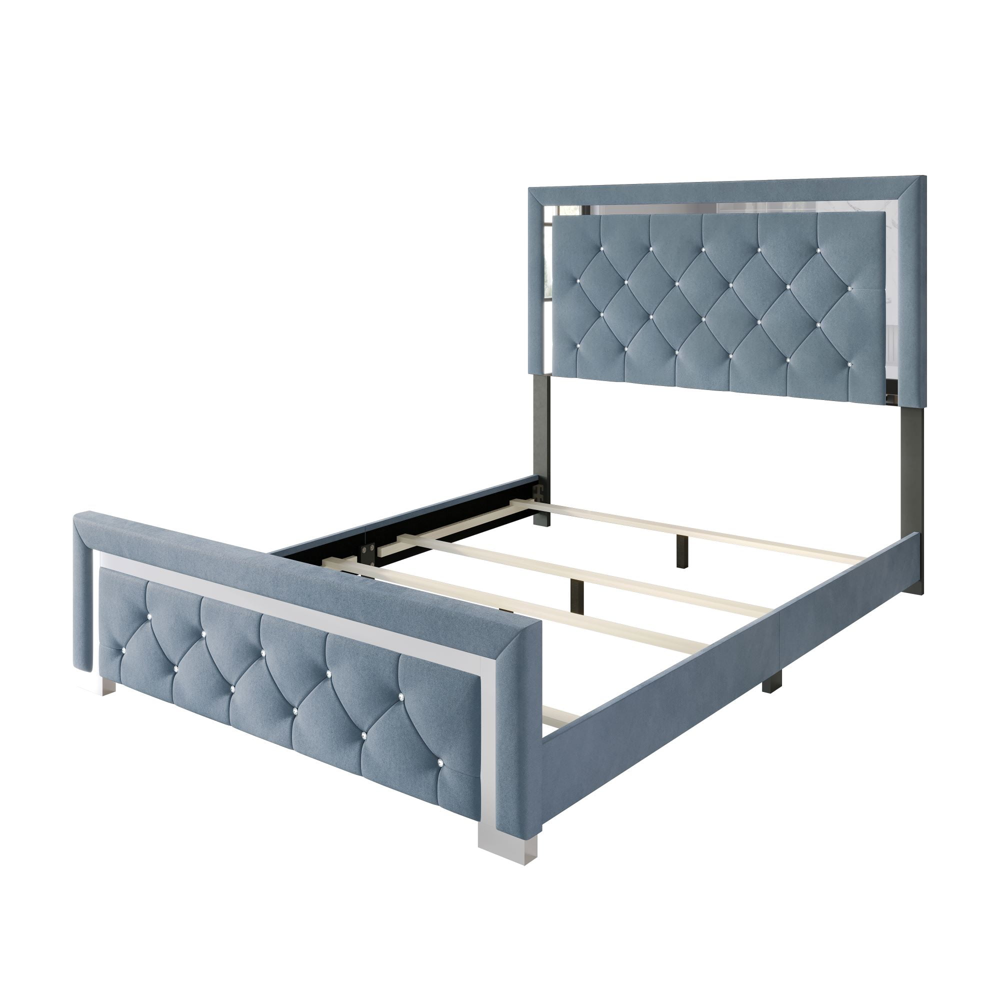 Home Design Toccoa Full Upholstered Panel Bed Frame with Diamond Button-Tufted Headboard and Silver Metal Accents, Blue, Easy Assembly