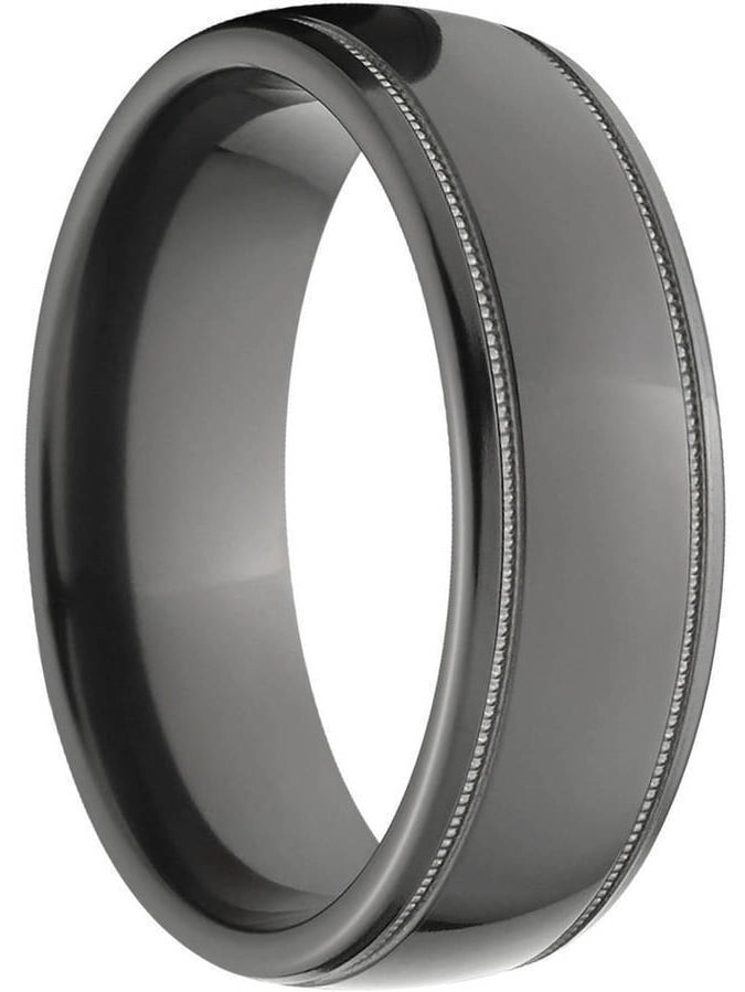 7mm Half-Round Black Zirconium Ring with Two Grooves and a Polished Finish