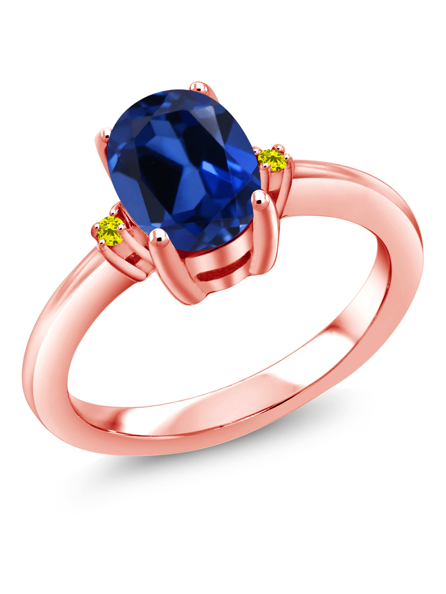 Gem Stone King 1.63 Ct Blue Created Sapphire Canary Diamond 18K Rose Gold  Plated Silver Engagement Ring