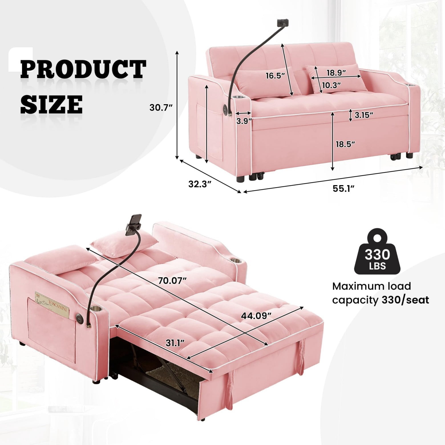 55" 3 in 1 Convertible Sofa Bed with Phone Holder, Loveseat Couch with Pull Out Bed, Space-Saving Apartment Sofa, Pink