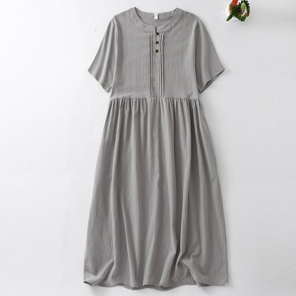 Qulqfy Casual Womens Dress Midi Short Sleeve Gray Work Smocked Crewneck Dresses Women's Fall Dresses L