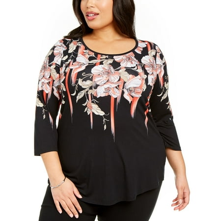 JM Collection Women's Plus Size Scoop-Neck Printed Top Black Size 1X