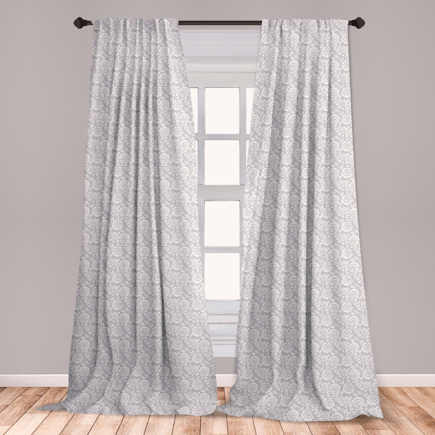 Grey Curtains 2 Panels Set, Floral Flower Buds Leaves Pattern English